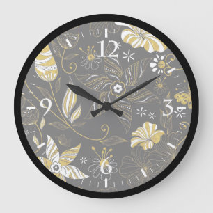 Relógio Grande Padrão floral dourado preto vintage fofo