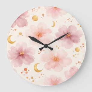 Relógio Grande Padrão Floral em Aquarela Rosa Elegante