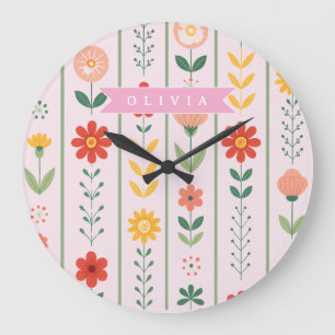 Relógio Grande Padrão floral escandinavo folclórico personalizado