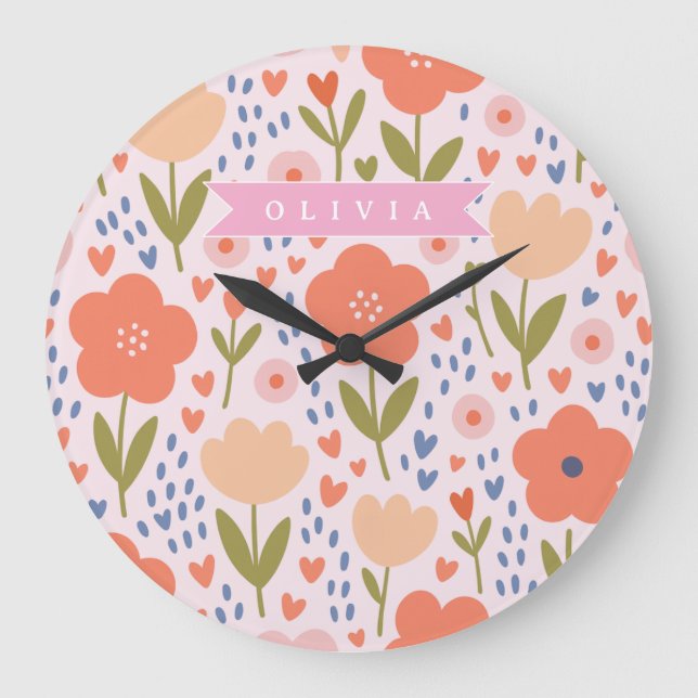 Relógio Grande Padrão floral folclórico fofo nórdico rosa persona (Frente)