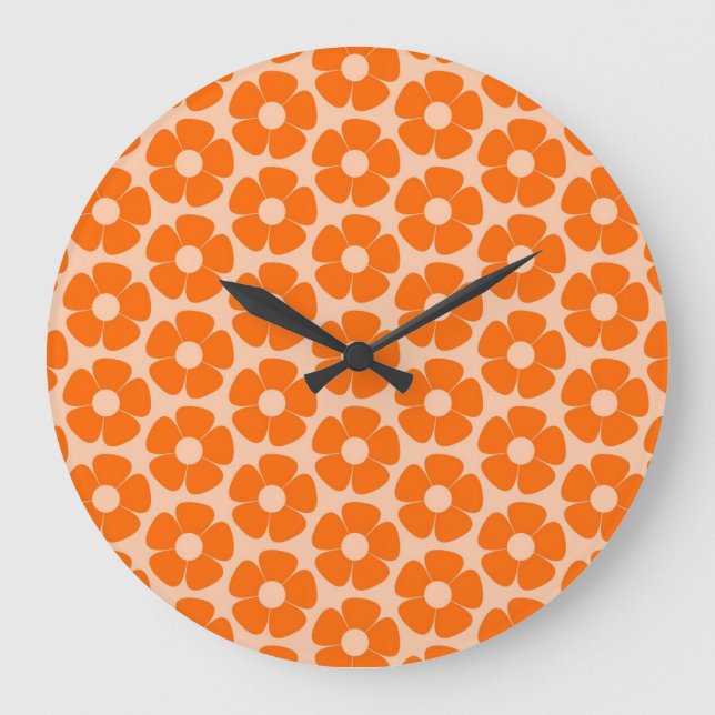 Relógio Grande Padrão Floral Laranja e Pêssego Retro 60s (Frente)