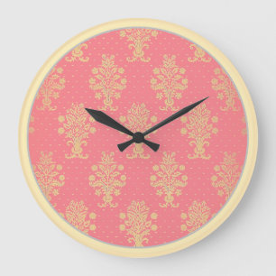 Relógio Grande Padrão Floral Rosa E Dourado