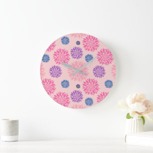 Relógio Grande Padrão Floral Rosa Roxo e Azul Decorativo
