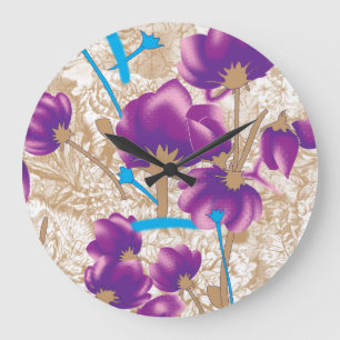 Relógio Grande Padrão floral vibrante com púrpura e azul f