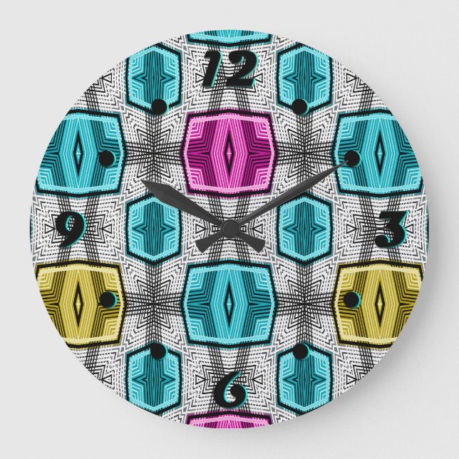 Relógio Grande Padrão geométrico retro sexagenta (Frente)