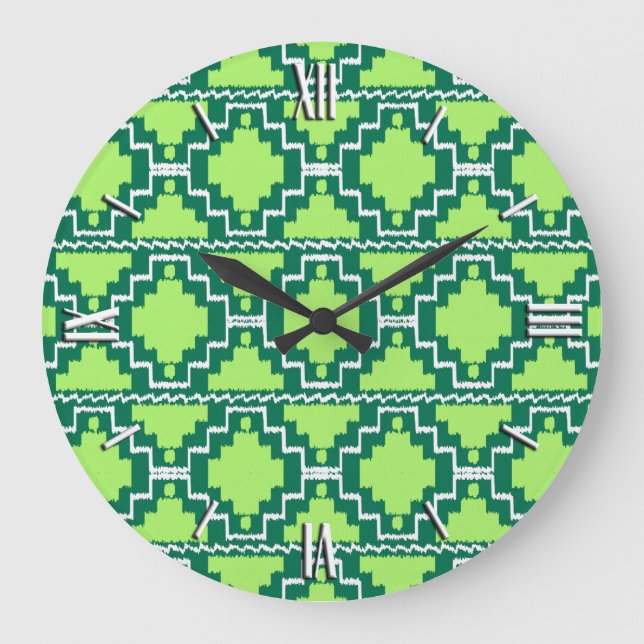 Relógio Grande Padrão Ikat Aztec - Floresta e Verde limão (Frente)