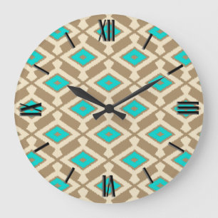 Relógio Grande Padrão Ikat - Turquesa, Taupe e Beige