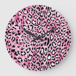 Relógio Grande Padrão-Leopardo Branco Cor-de-rosa.