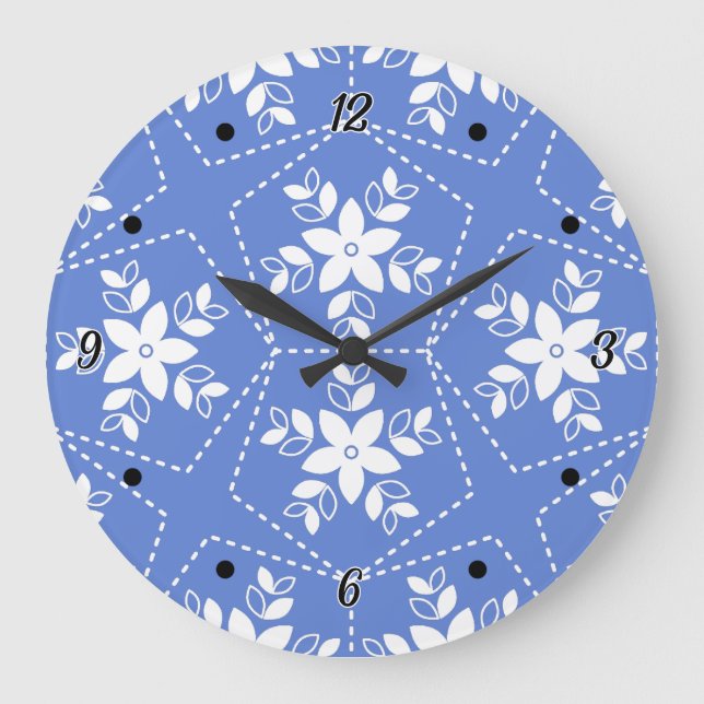 Relógio Grande Padrão Moderno de Batik Flor de Jasmim Branco (Frente)