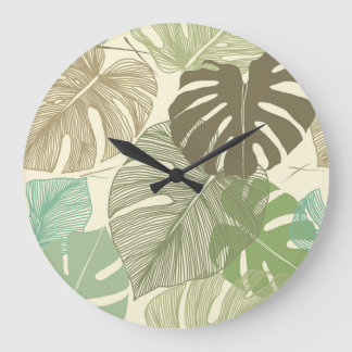 Relógio Grande Padrão Monstera Tropical Desenhada À Mão
