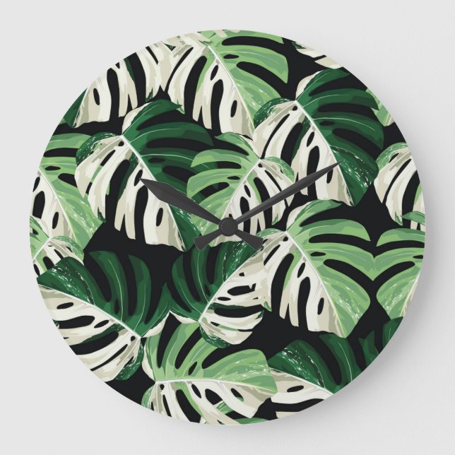 Relógio Grande Padrão Negro Exótico Monstera Leaf (Frente)