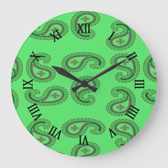 Relógio Grande Padrão paisley decorativo em verde (Frente)