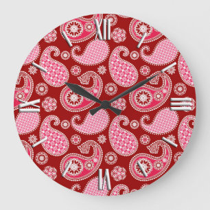 Relógio Grande Padrão Paisley, Vermelho Escuro, Rosa e Branco