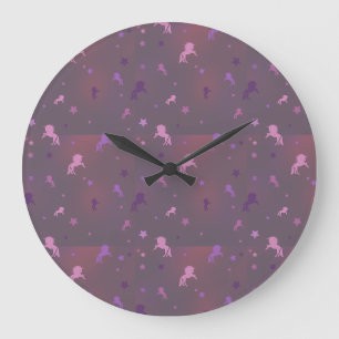 Relógio Grande padrão rosa e roxo de unicórnio e estrelas