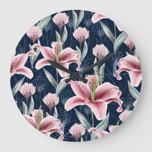 Relógio Grande Padrão Sem Costura De Flor Rosa.