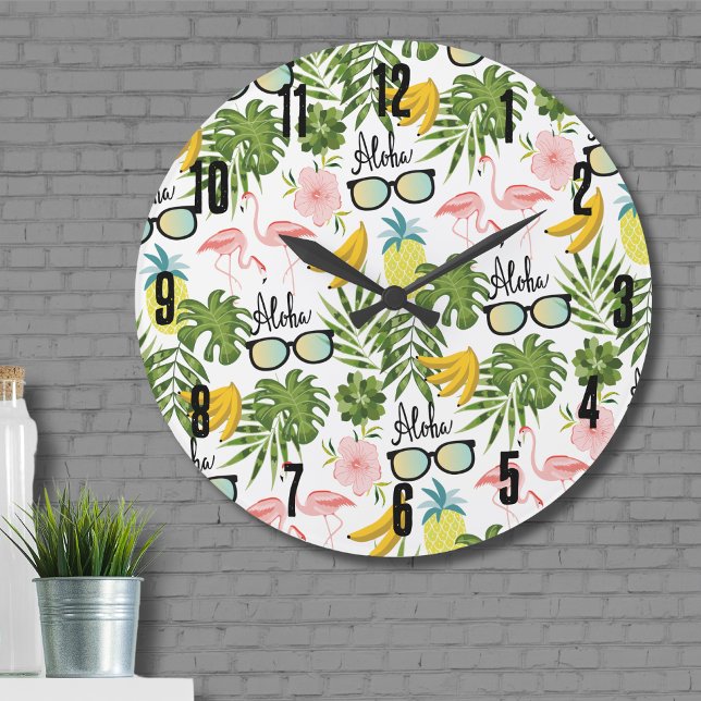 Relógio Grande Padrão tropical de verão divertido (Fun Cute Tropical Pineapple Pink Flamingo Pattern Large Clock)