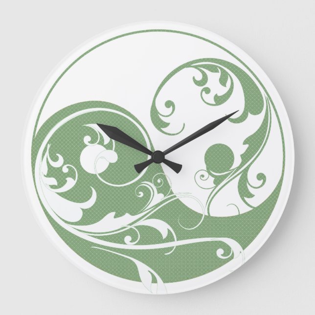 Relógio Grande Padrão Verde e Yin e Yang Branco (Frente)