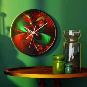 Relógio Grande Padrão Verde Vermelho Abstrato Floral Moderno #11