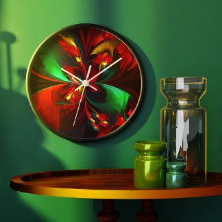 Relógio Grande Padrão Verde Vermelho Abstrato Floral Moderno #11
