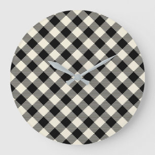 Relógio Grande Padrão Xadrez Gingham Preto e Bege Diagonal