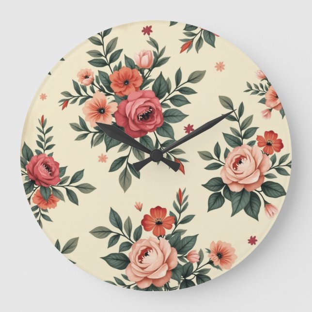 Relógio Grande Padrões florais vítreos com elegância clássica (Frente)