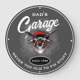 Relógio Grande Pai Garage Old Skull Tools Cinza Slogan Engraçado