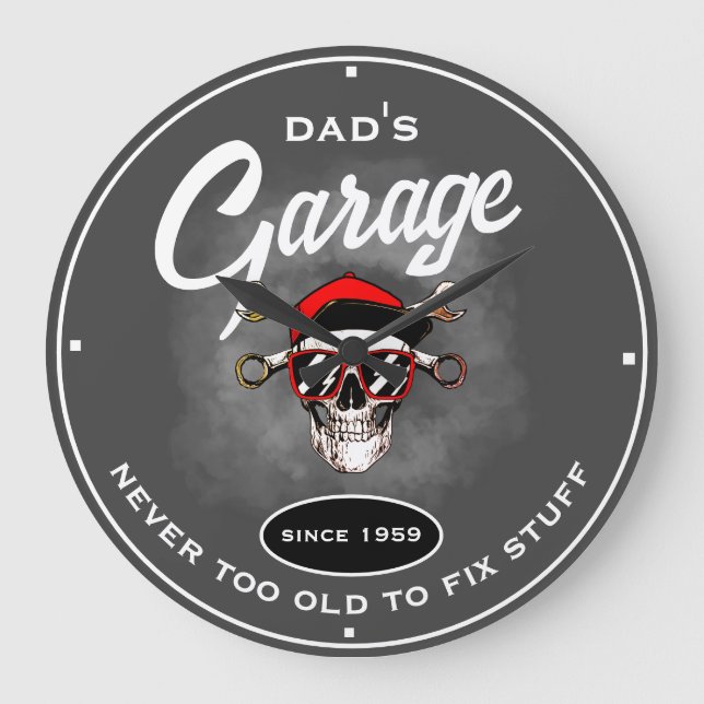 Relógio Grande Pai Garage Old Skull Tools Cinza Slogan Engraçado (Frente)
