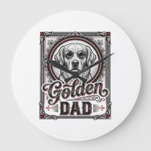 Relógio Grande Pai Golden Retriever Design de Gravura Vintage_1