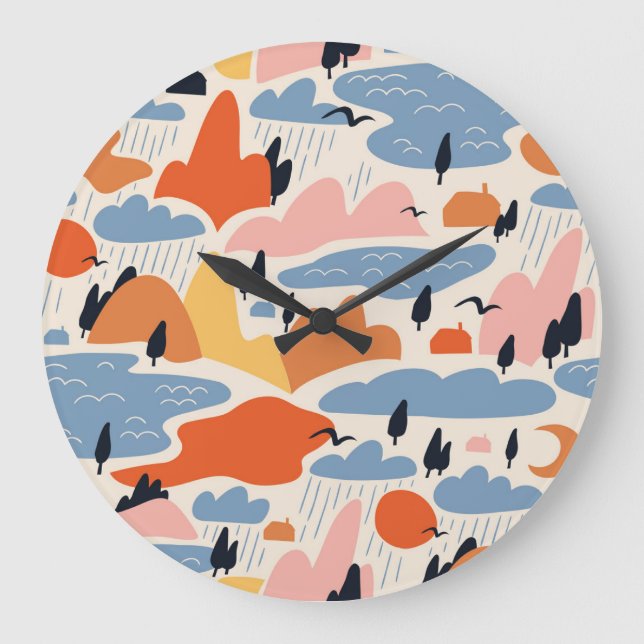 Relógio Grande Paisagem colorida, montanhas, lagos, sem costura. (Frente)