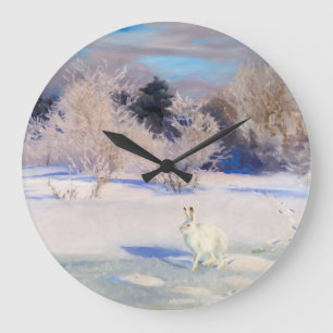 Relógio Grande Paisagem de inverno com lebre branca por B. Liljef