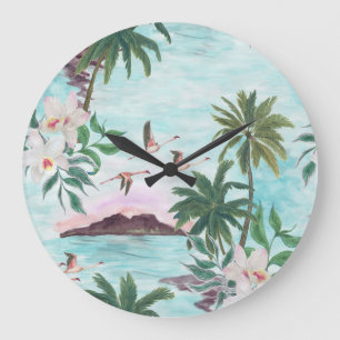 Relógio Grande Paisagem Havaiana Flamingo Watercolor Padrão