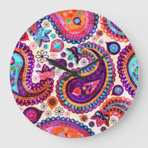 Relógio Grande Paisley Floral Indian Seamless Ornament