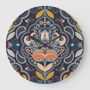 Relógio Grande Paisley Floral: Padrão Indiano Escuro