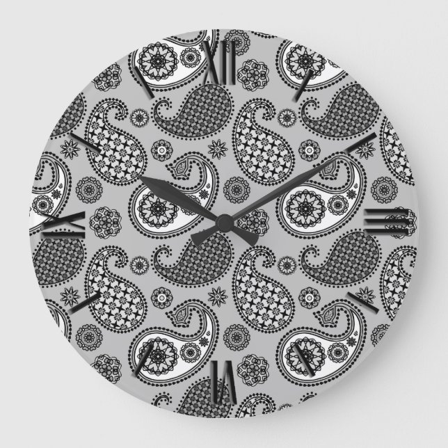 Relógio Grande Paisley pattern, shades of grey, black and white (Frente)