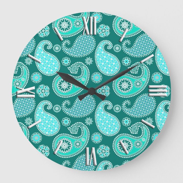 Relógio Grande Paisley pattern, Turquoise, Aqua e White (Frente)