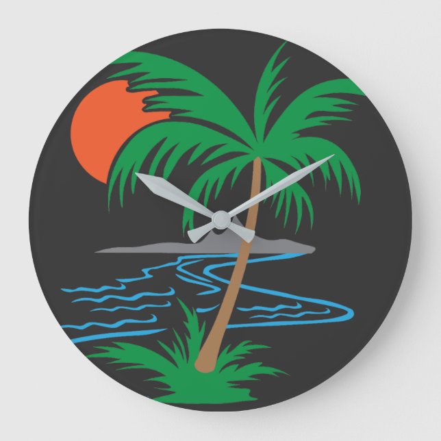 Relógio Grande Palm Tree by the River | Tropical Sunset Art (Frente)