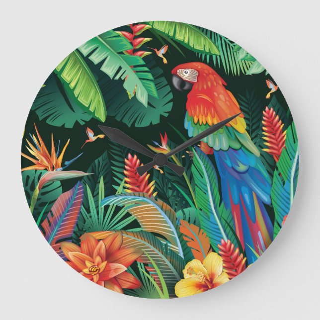 Relógio Grande Papagaio Tropical: Fundo Floral Exótico. (Frente)