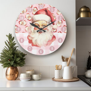Relógio Grande Papai Noel Retrô Xadrez Rosa e Branco Natal