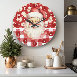Relógio Grande Papai Noel Retrô Xadrez Vermelho e Branco Natal