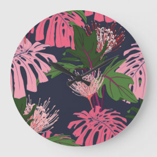 Relógio Grande Paraíso Tropical: Folhas Exóticas e Flores