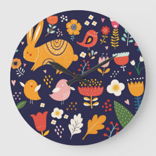 Relógio Grande Páscoa de primavera: flores, coleção de coelhos