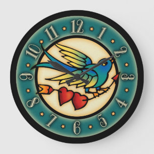 Relógio Grande Pássaro e corações do tatuagem do vintage