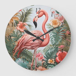 Relógio Grande Pássaro Flamingo Rosa Elegante e Flores Tropicais