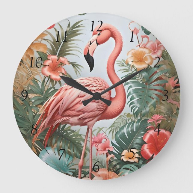 Relógio Grande Pássaro Flamingo Rosa Elegante e Flores Tropicais (Frente)