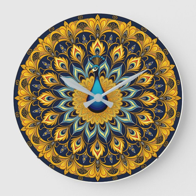Relógio Grande Pássaro pavão decorativo sobre branco (Frente)