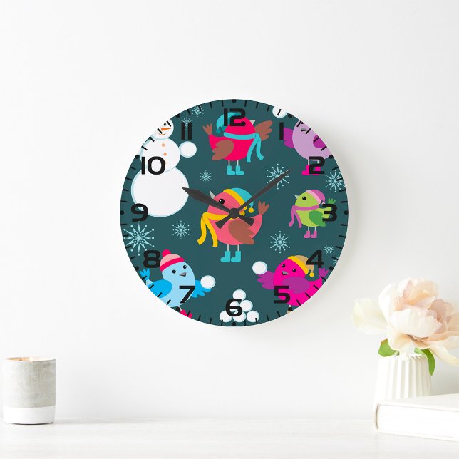 Relógio Grande Pássaros de inverno brincando em neve com boneco d (Criador carregado)
