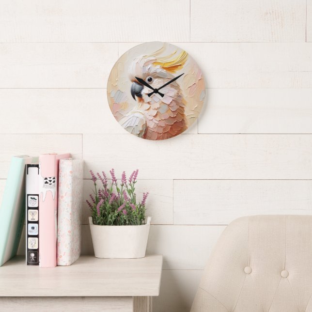 Relógio Grande Pastel Cockatoo Wall Clock – Soft Impasto Bird Art (Sala de leitura)