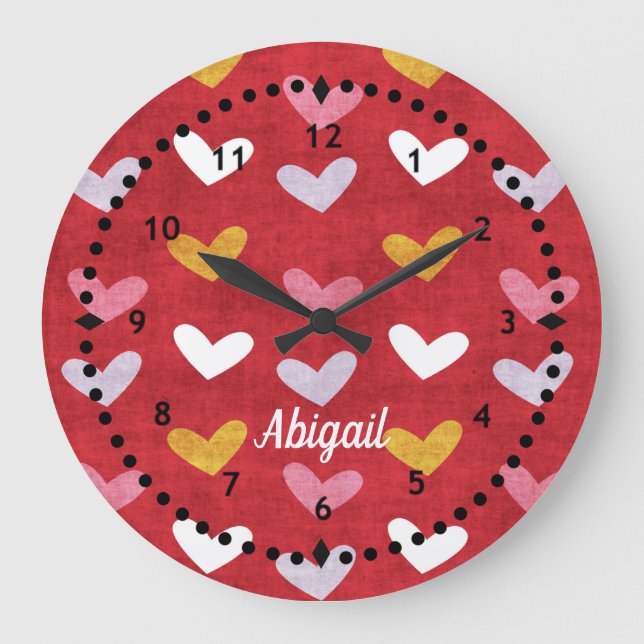 Relógio Grande Pastel Hearts on Red Wall Clock (Frente)