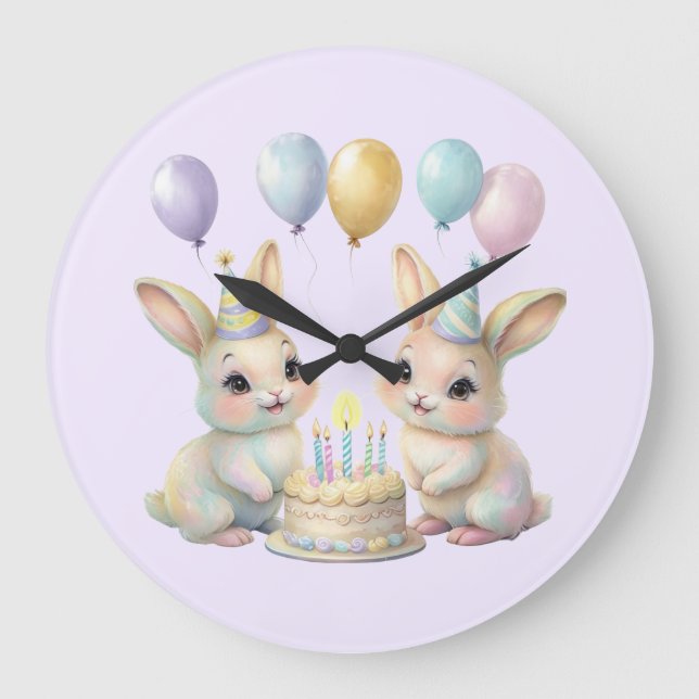 Relógio Grande Pastel Whimsical Bunny Twins Birthday wall clock  (Frente)