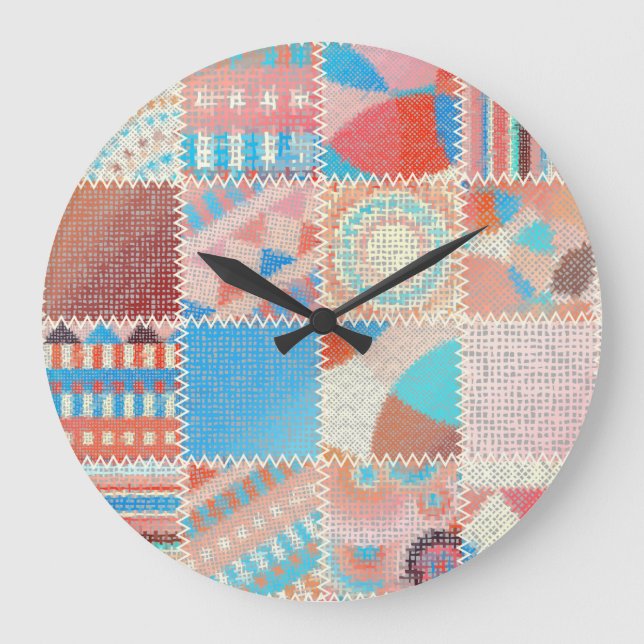 Relógio Grande Patchwork de Canvas bruta: padrão de vinheta textu (Frente)